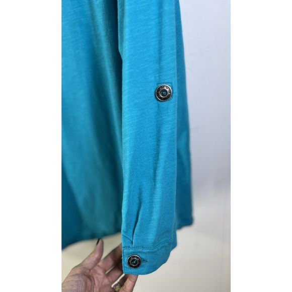 Neon Buddha Button Front Tunic Top Cotton Roll Tab Sleeves Blue Size 3X - Picture 8 of 10